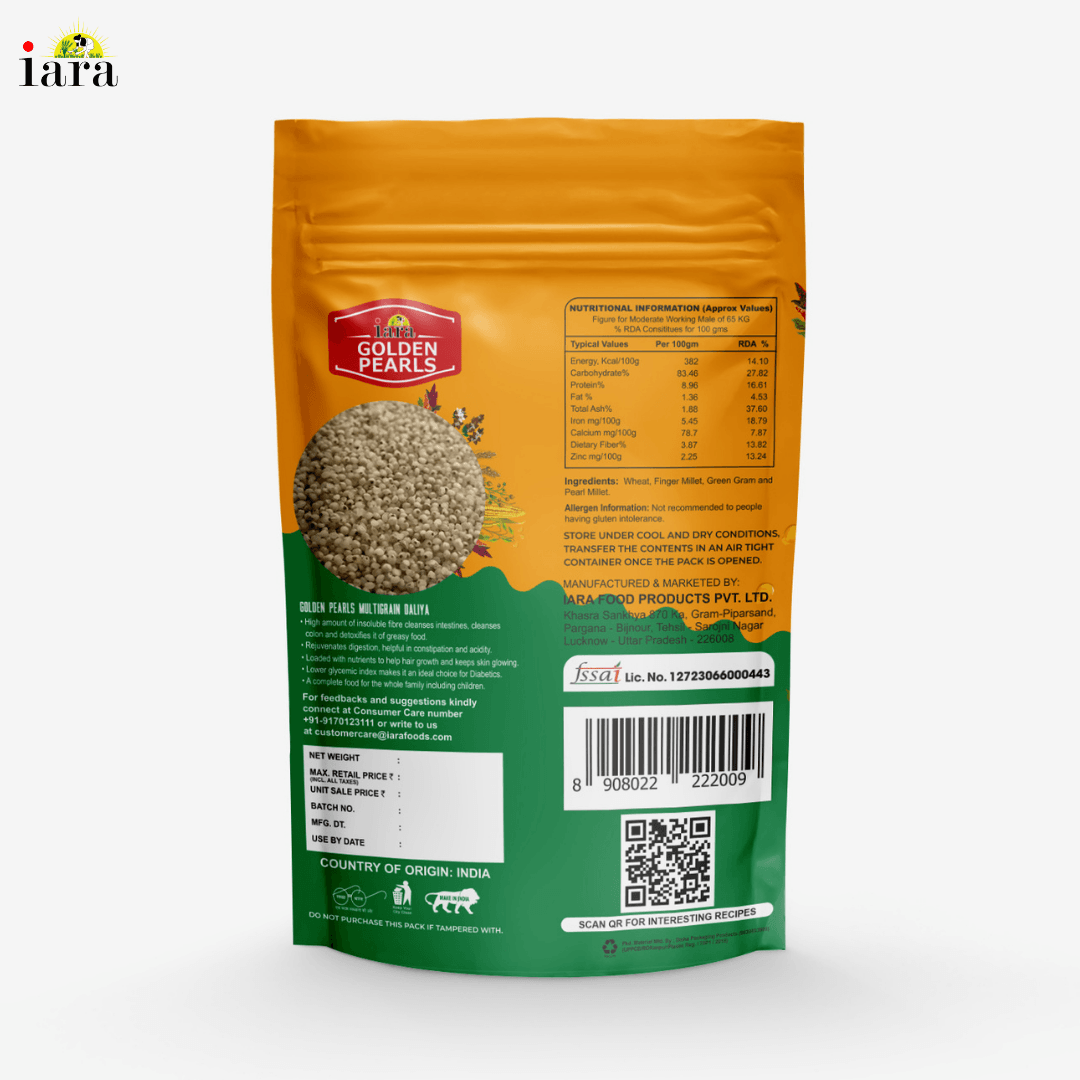 Iara Golden Pearls Multigrain Daliya - 900 gms | Blend of Wheat, Ragi, Chana & Bajra
