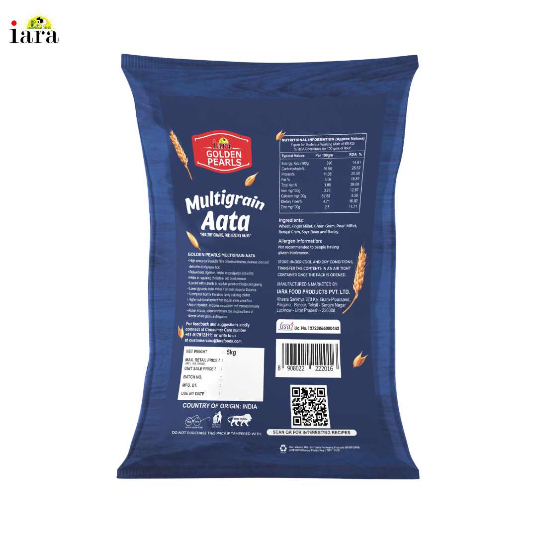 Iara Golden Pearls Multigrain Aata -5Kg | Blend of Wheat, Ragi, Chana & Bajra